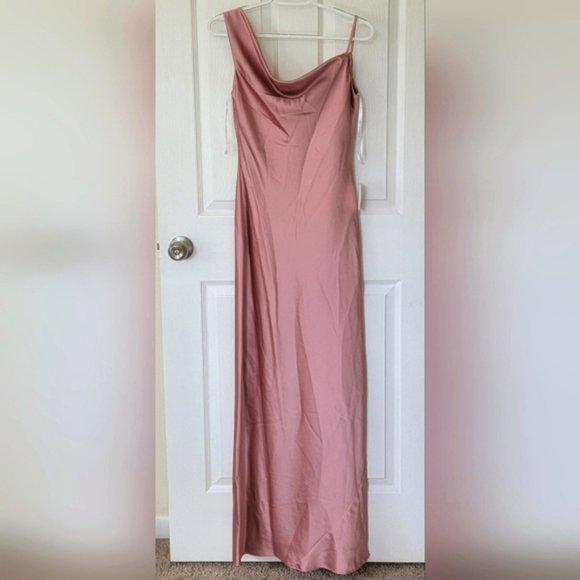 Social Bridesmaids Asymmetrical One-Shoulder Cowl Satin Maxi Slip Dress NWT - Picture 3 of 3